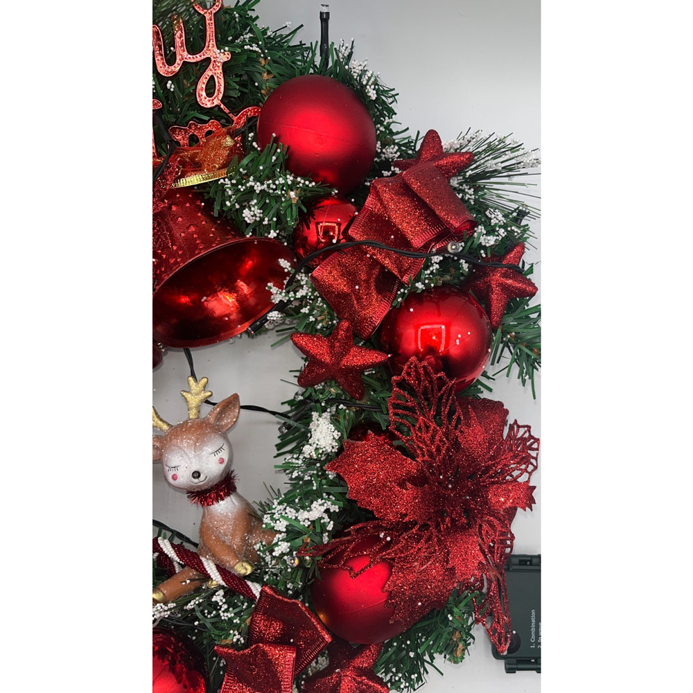 Pre Lit Merry Christmas Wreath with Twinkly Lights plus Reindeer Poinsettia Bell - Picture 14 of 16